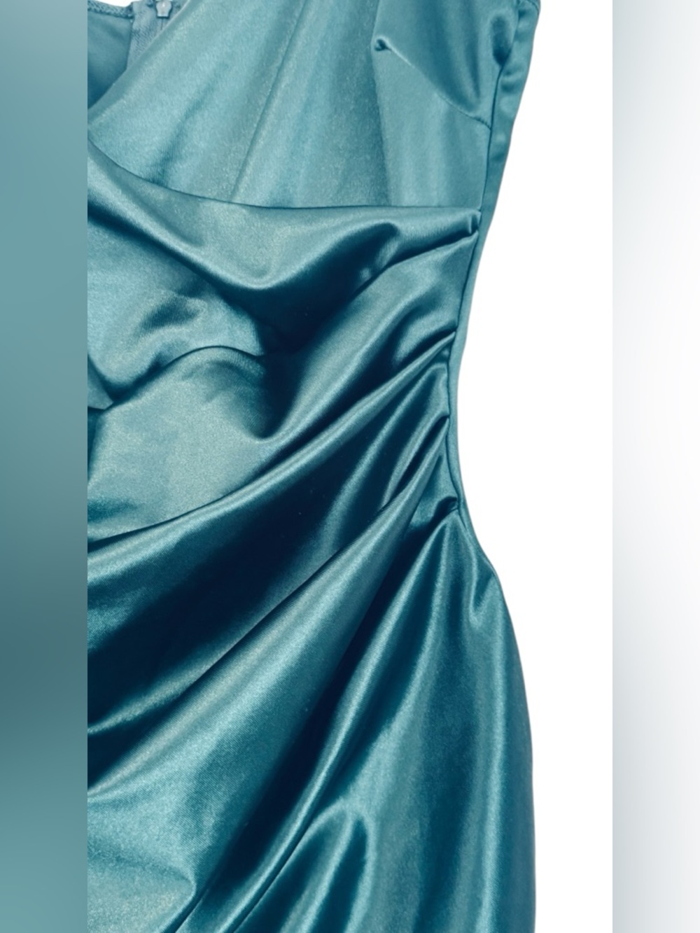 Windsor Teal Satin Ruched Tulip Hem Mini Dress - Size [L ] - Cocktail Party - Picture 4 of 7